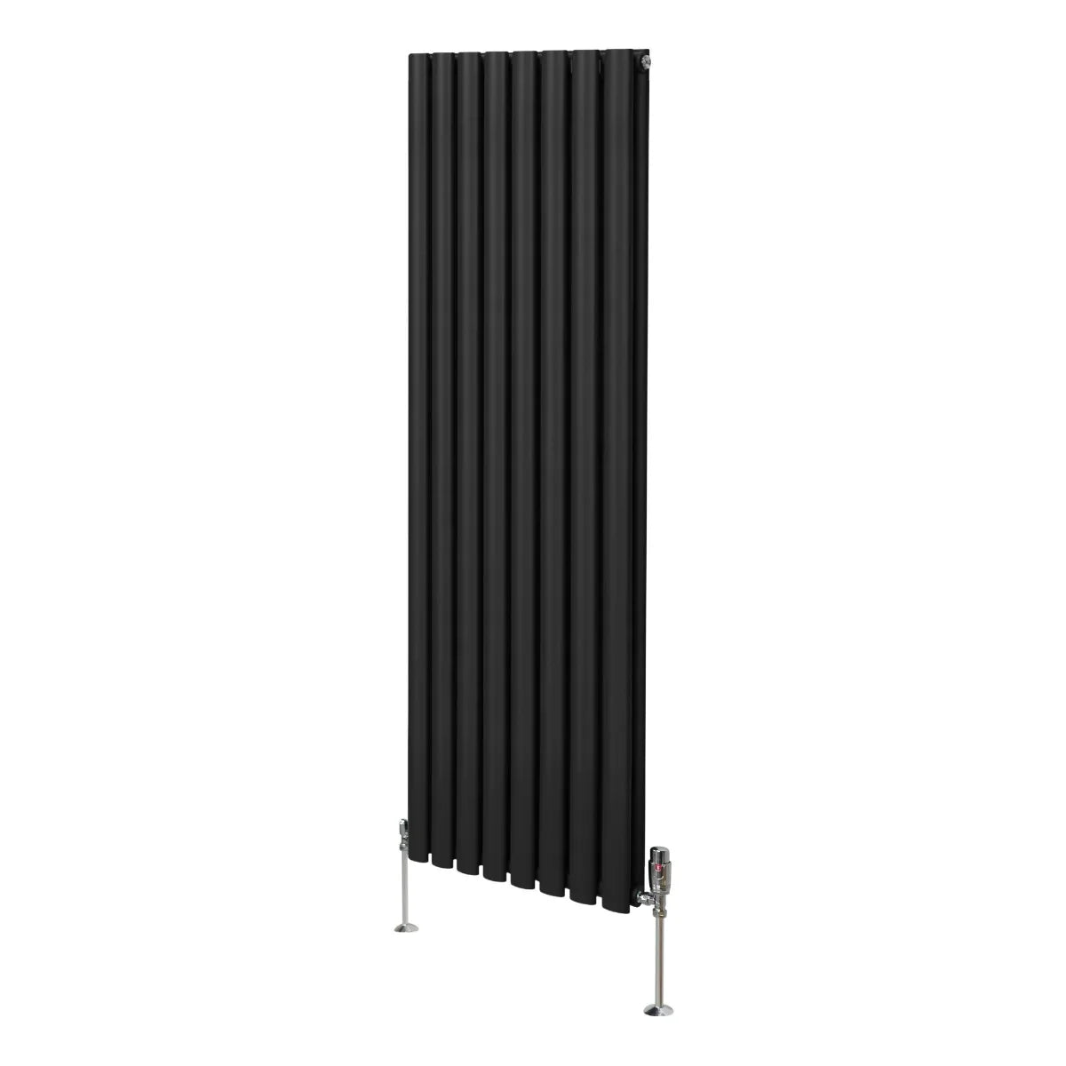Sleek black oval column radiator measuring 1600mm x 480mm with modern vertical design and stylish valves for efficient heating