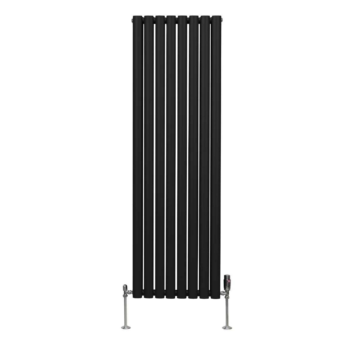 Sleek black oval column radiator measuring 1600mm x 480mm with modern vertical design and chrome valves at the base