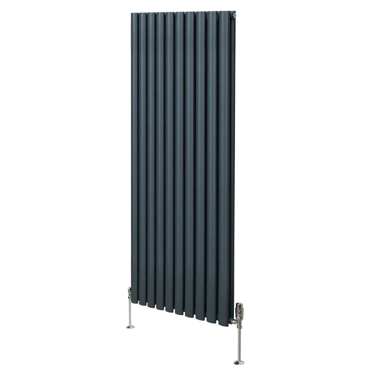 Oval column radiator in anthracite grey, 1600mm x 600mm, featuring vertical slats and sleek valves for modern heating solutions