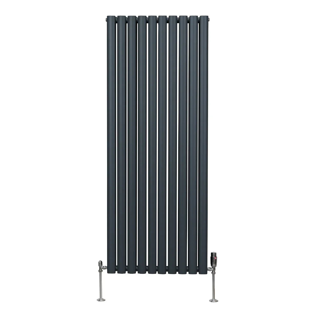 Oval column radiator in anthracite grey, 1600mm x 600mm, featuring vertical slats and chrome valves for modern heating solutions