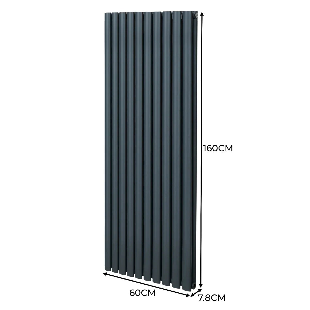 Anthracite grey oval column radiator, 1600mm x 600mm, featuring vertical slats and a sleek, modern design for efficient heating