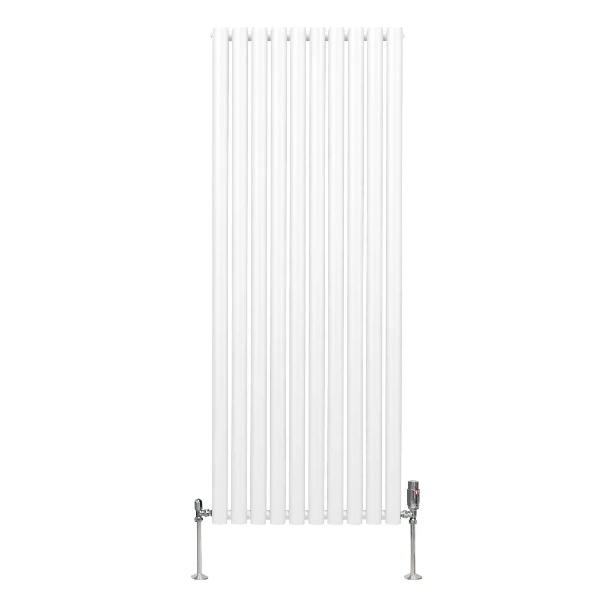 Sleek white oval column radiator with vertical bars, measuring 1600mm x 600mm, featuring chrome valves for modern heating solutions