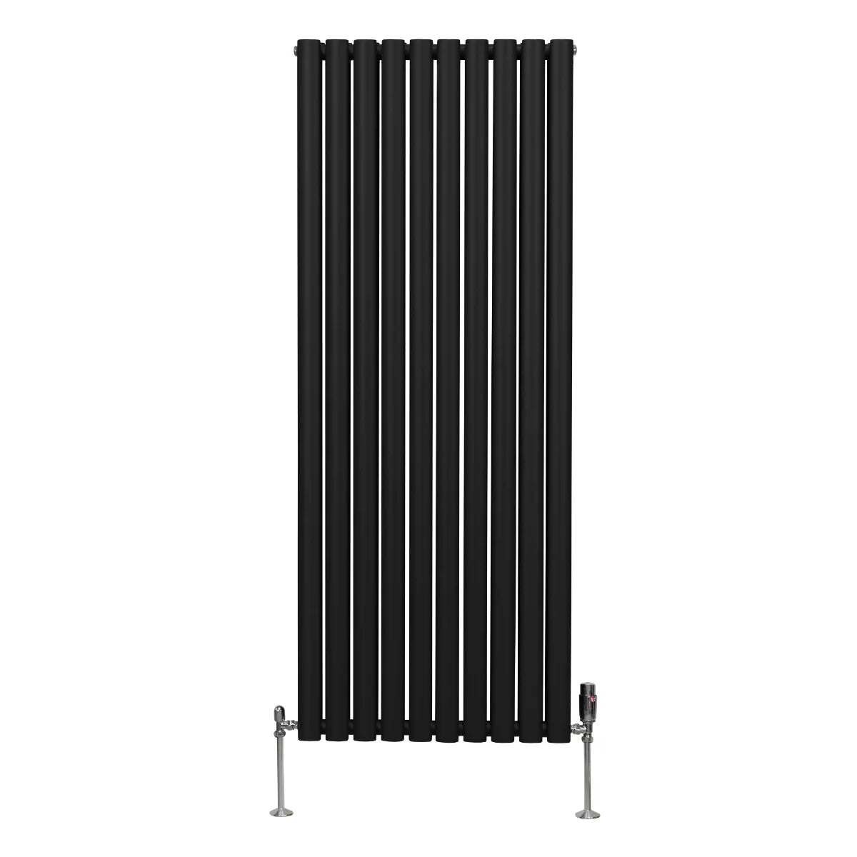 Sleek black oval column radiator with vertical bars, measuring 1600mm x 600mm, featuring stylish valves at the base
