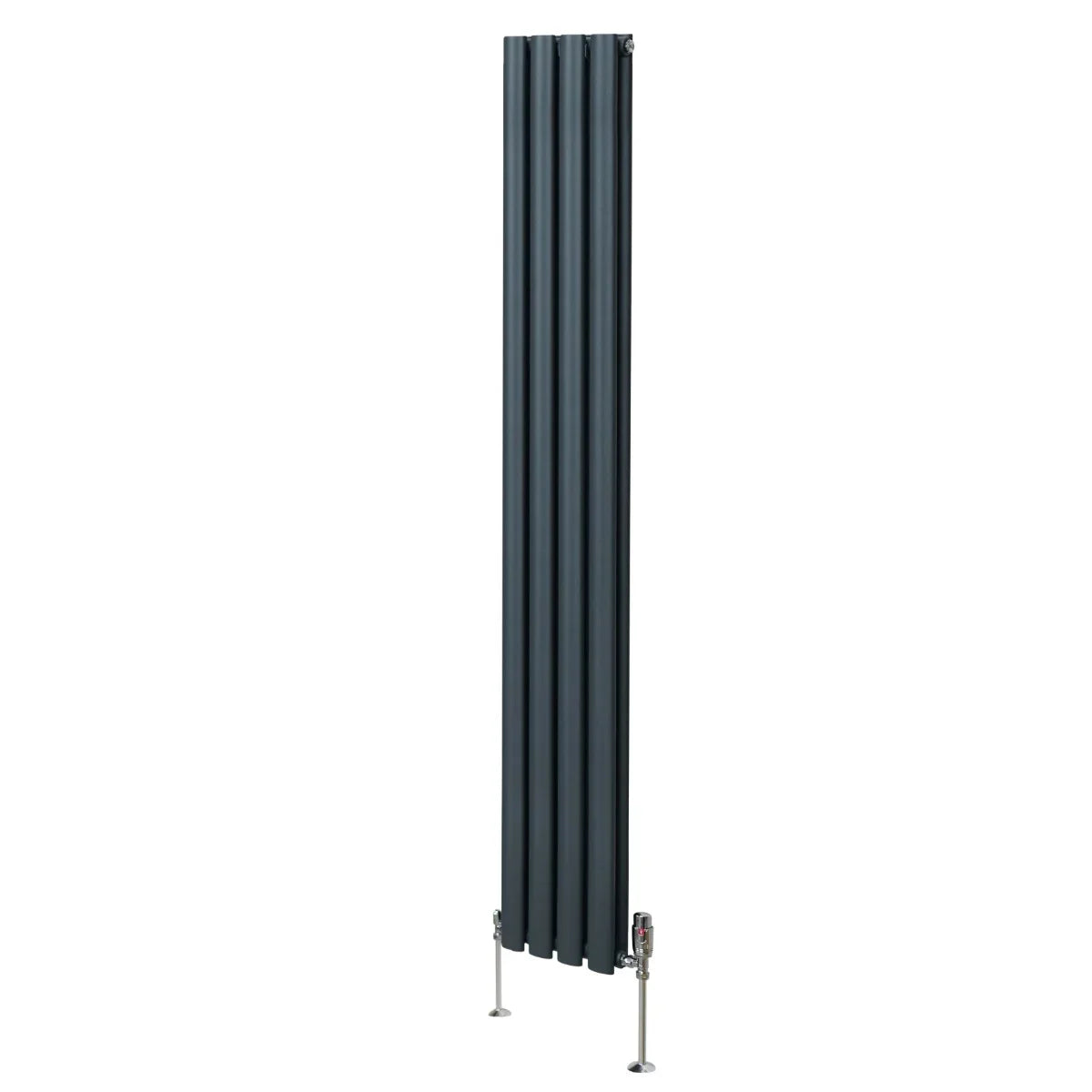 Oval column radiator in anthracite grey, 1800mm x 240mm, featuring sleek vertical lines and modern valve design for efficient heating