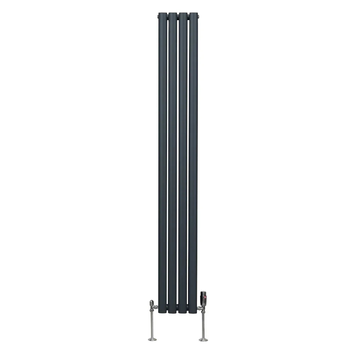 Oval column radiator in anthracite grey, measuring 1800mm x 240mm, featuring sleek vertical lines and modern valve design