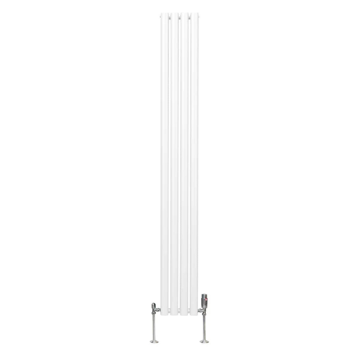 Sleek white oval column radiator with vertical tubes and valves, measuring 1800mm x 240mm, ideal for modern interiors