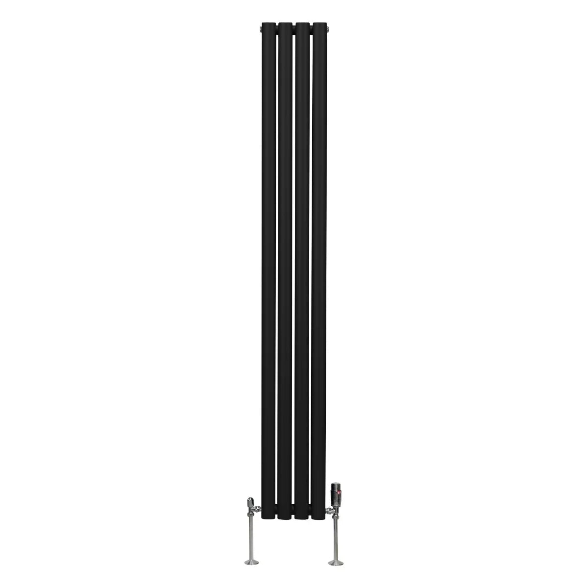 Sleek black oval column radiator, 1800mm x 240mm, featuring smooth vertical lines and modern valves for efficient heating