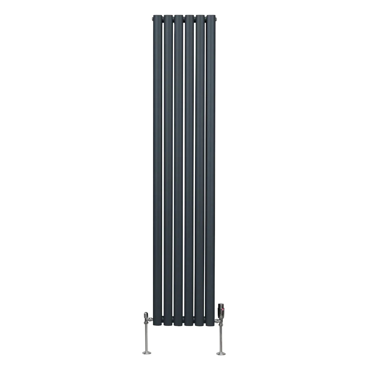 Oval column radiator in anthracite grey, 1800mm x 360mm, featuring sleek vertical lines and modern valve fittings at the base