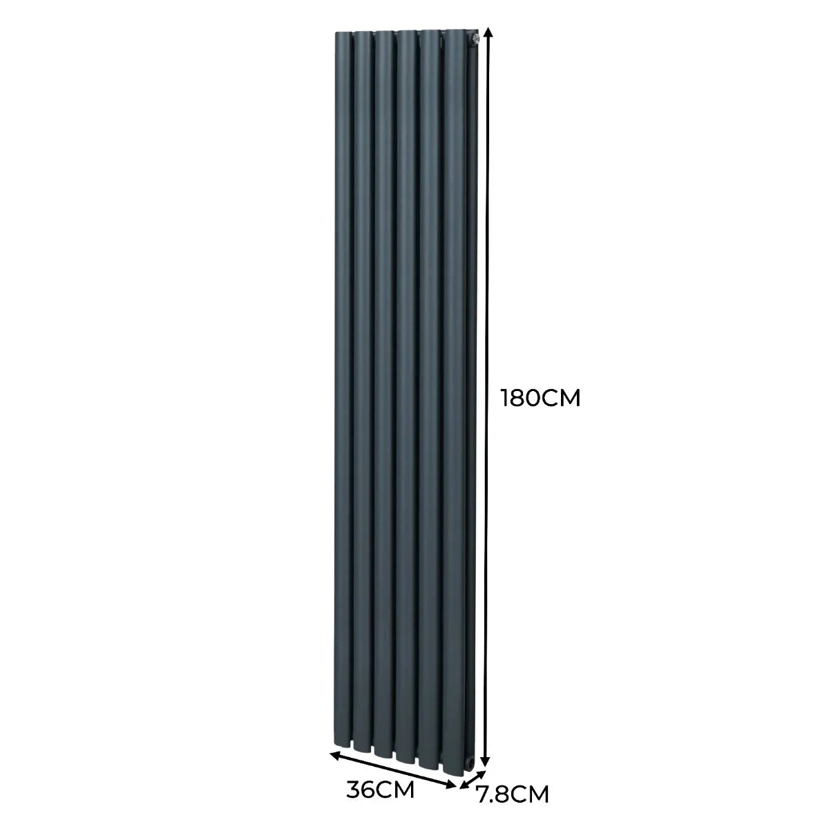 Oval column radiator in anthracite grey, measuring 1800mm x 360mm, featuring a sleek, vertical design with a modern finish