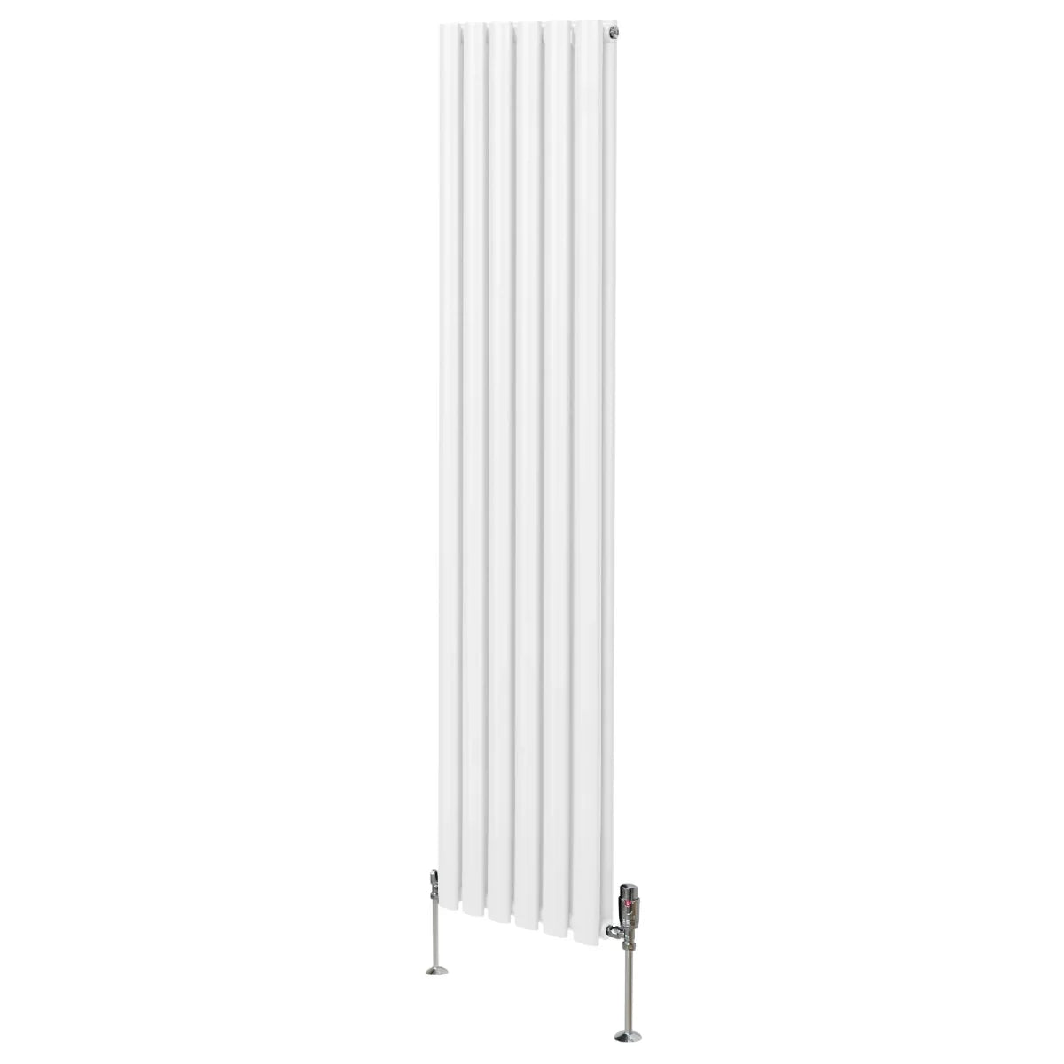 Oval column radiator in white, 1800mm x 360mm, featuring vertical fins and sleek design, includes valves for easy installation