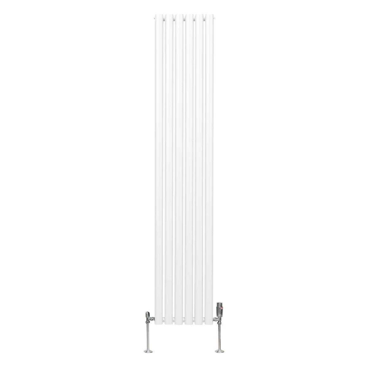 Sleek white oval column radiator with six vertical panels, featuring chrome valves, ideal for modern heating solutions