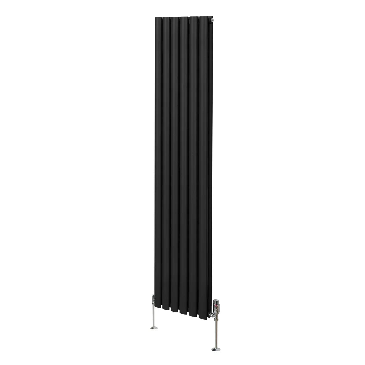 Sleek black oval column radiator measuring 1800mm x 360mm, featuring vertical fins and stylish valves for modern heating solutions