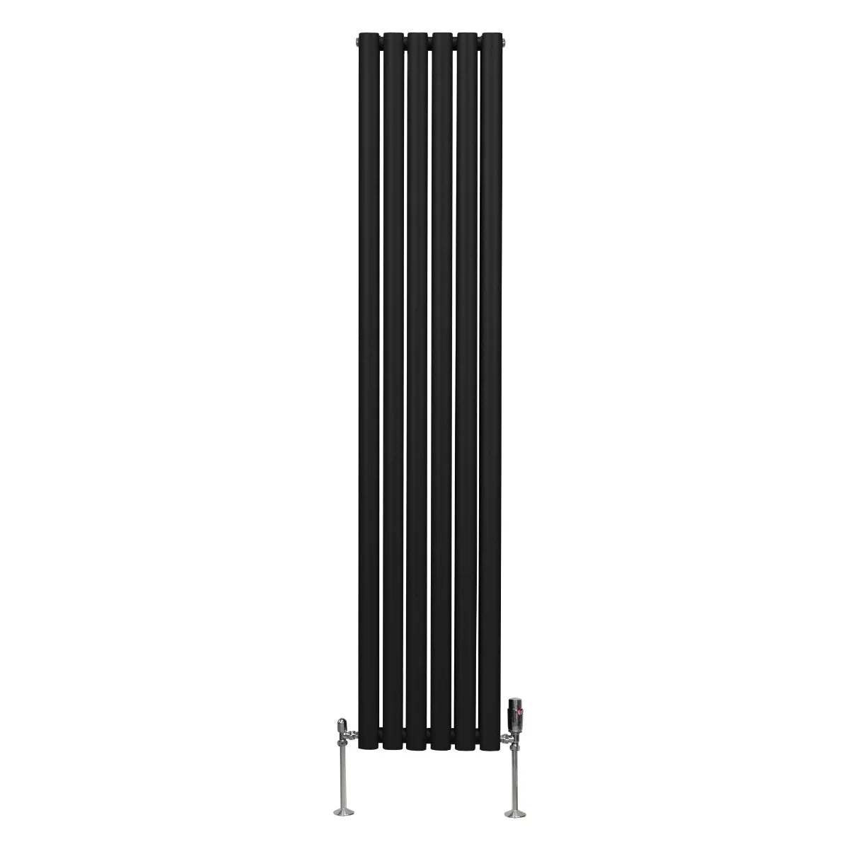 Sleek black oval column radiator with five vertical panels, measuring 1800mm x 360mm, featuring chrome valves at the base