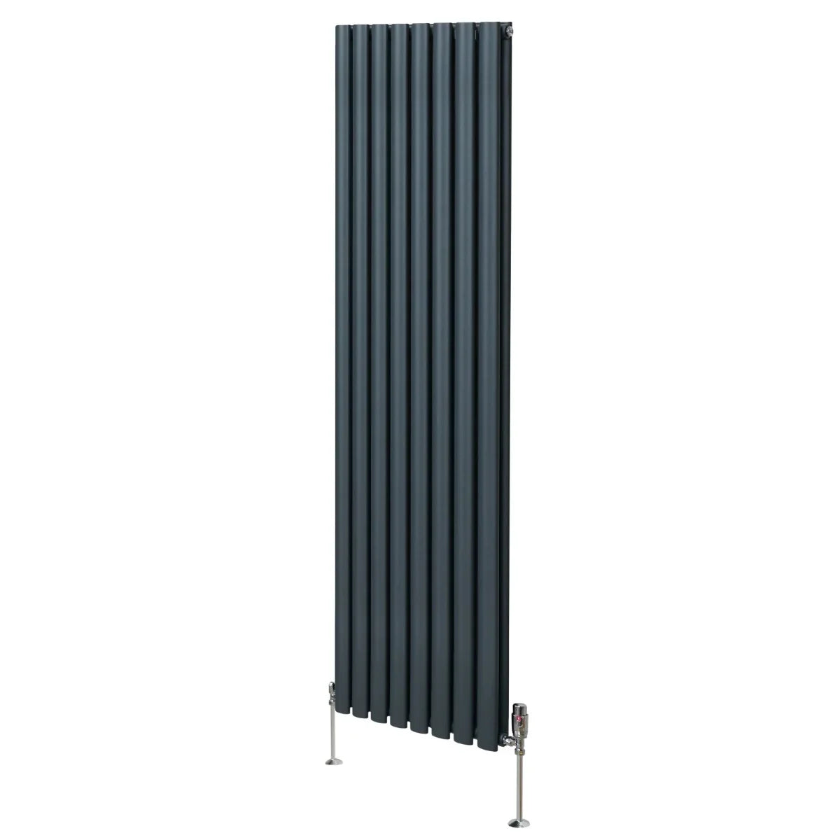 Oval column radiator in anthracite grey, 1800mm x 480mm, featuring vertical slats and sleek valves for modern heating solutions