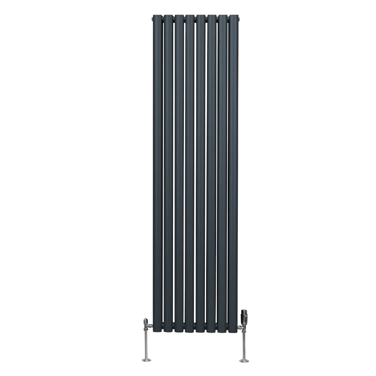 Oval column radiator in anthracite grey, 1800mm x 480mm, featuring vertical bars and sleek valves for modern heating solutions