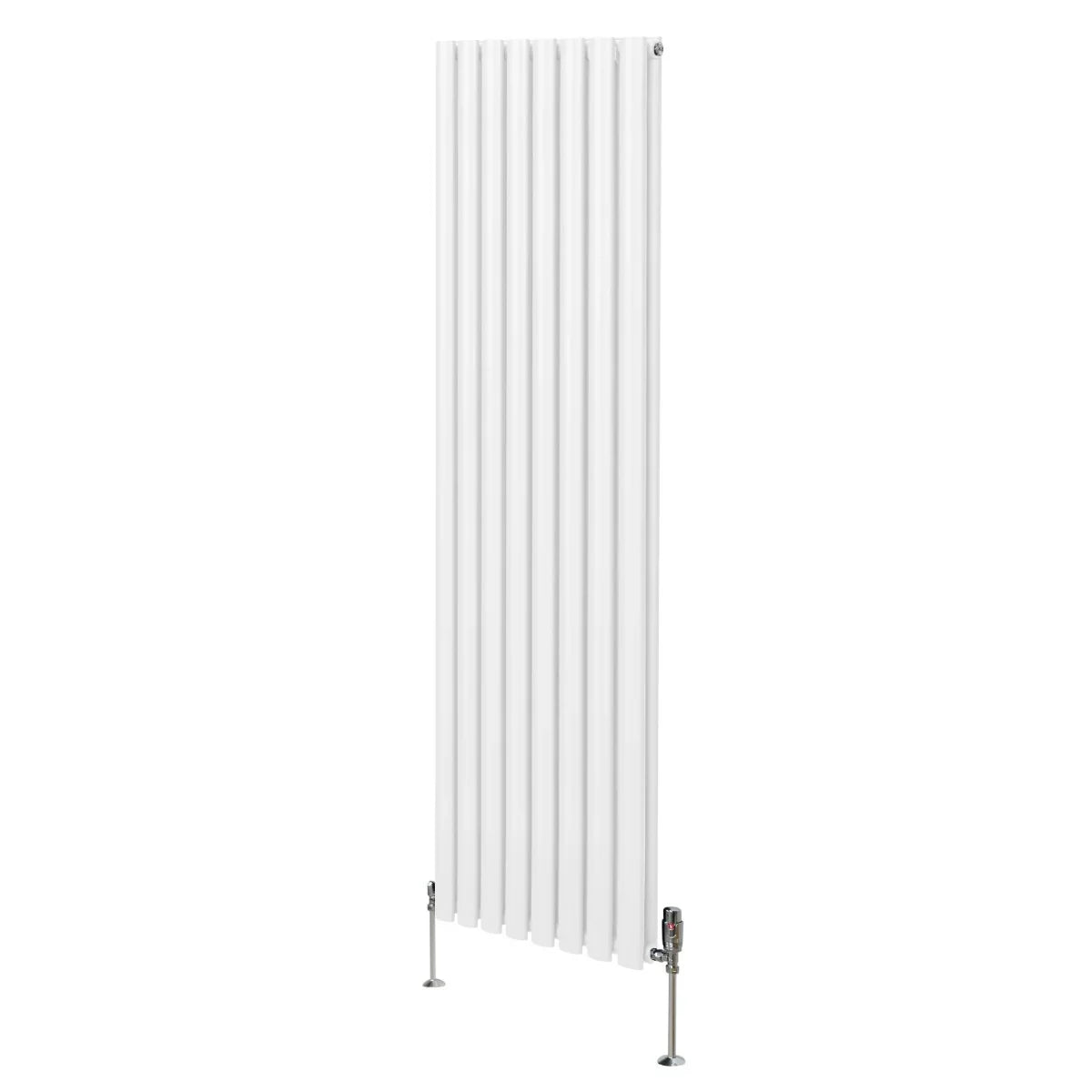 Oval column radiator in white, 1800mm x 480mm, featuring vertical fins and sleek design with valves for efficient heating