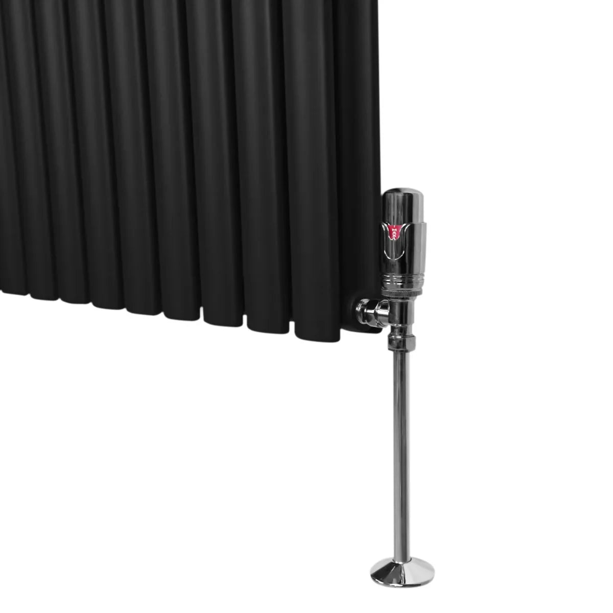 Black oval column radiator with sleek vertical fins and chrome valve, measuring 1800mm x 480mm, showcasing modern design