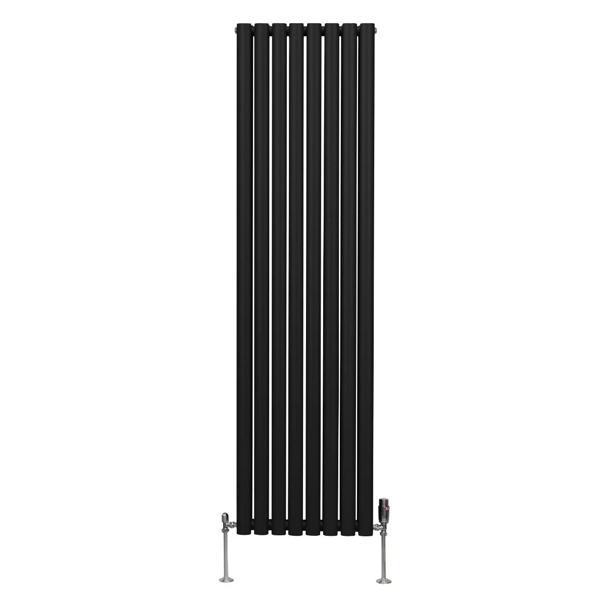 Sleek black oval column radiator measuring 1800mm x 480mm with modern vertical design and polished valves for efficient heating