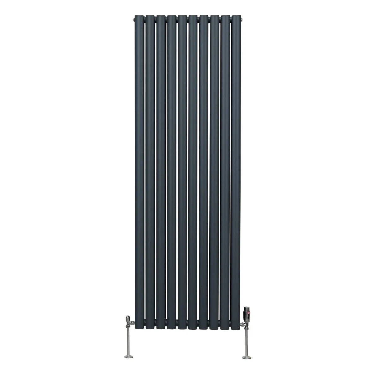 Anthracite grey oval column radiator, 1800mm x 600mm, featuring vertical bars and sleek valves for modern heating solutions