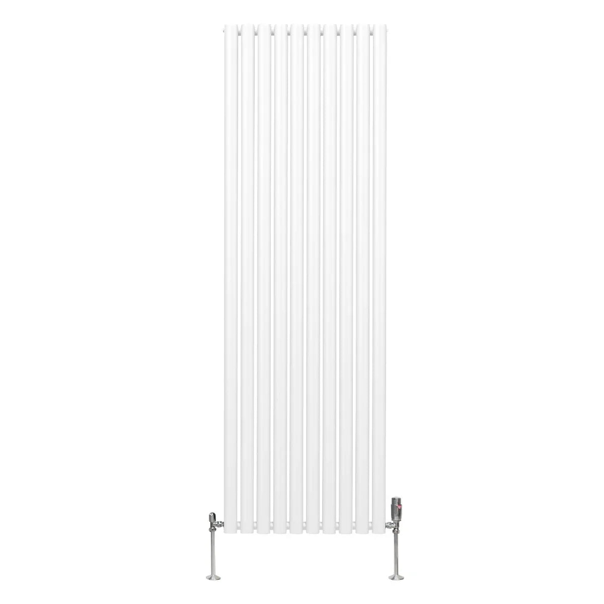 Oval column radiator in sleek white finish, 1800mm x 600mm, featuring vertical bars and chrome valves for modern heating solutions