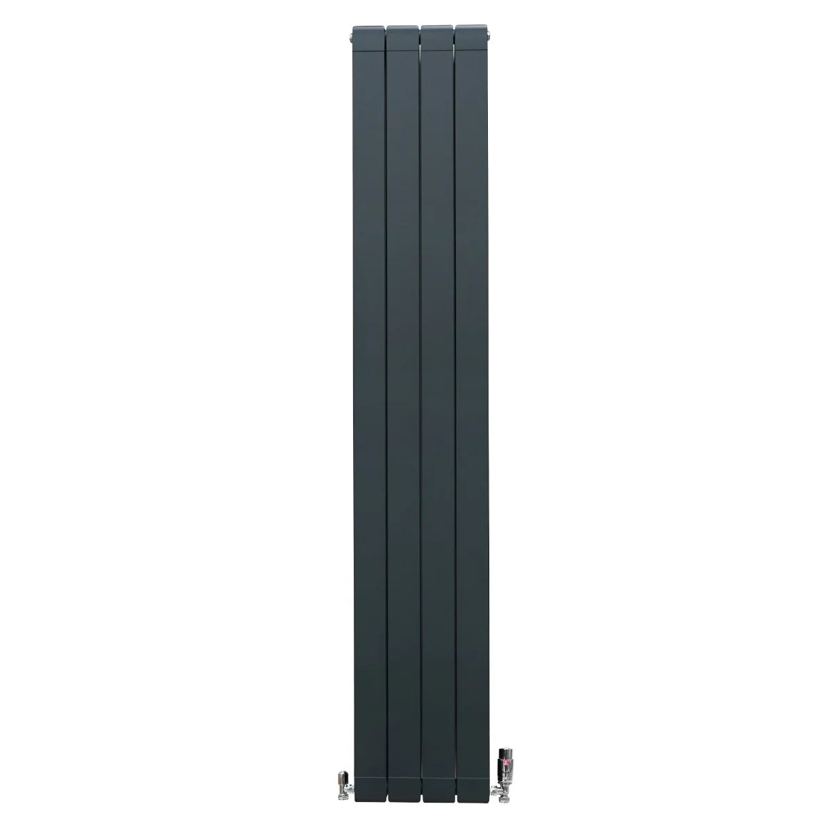 Anthracite grey aluminium radiator measuring 1800mm x 315mm, featuring a sleek, vertical design and modern valves