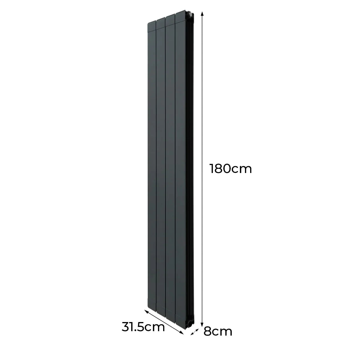 Aluminium radiator in anthracite grey, 1800mm x 315mm, featuring a sleek vertical design with smooth, modern lines and a matte finish