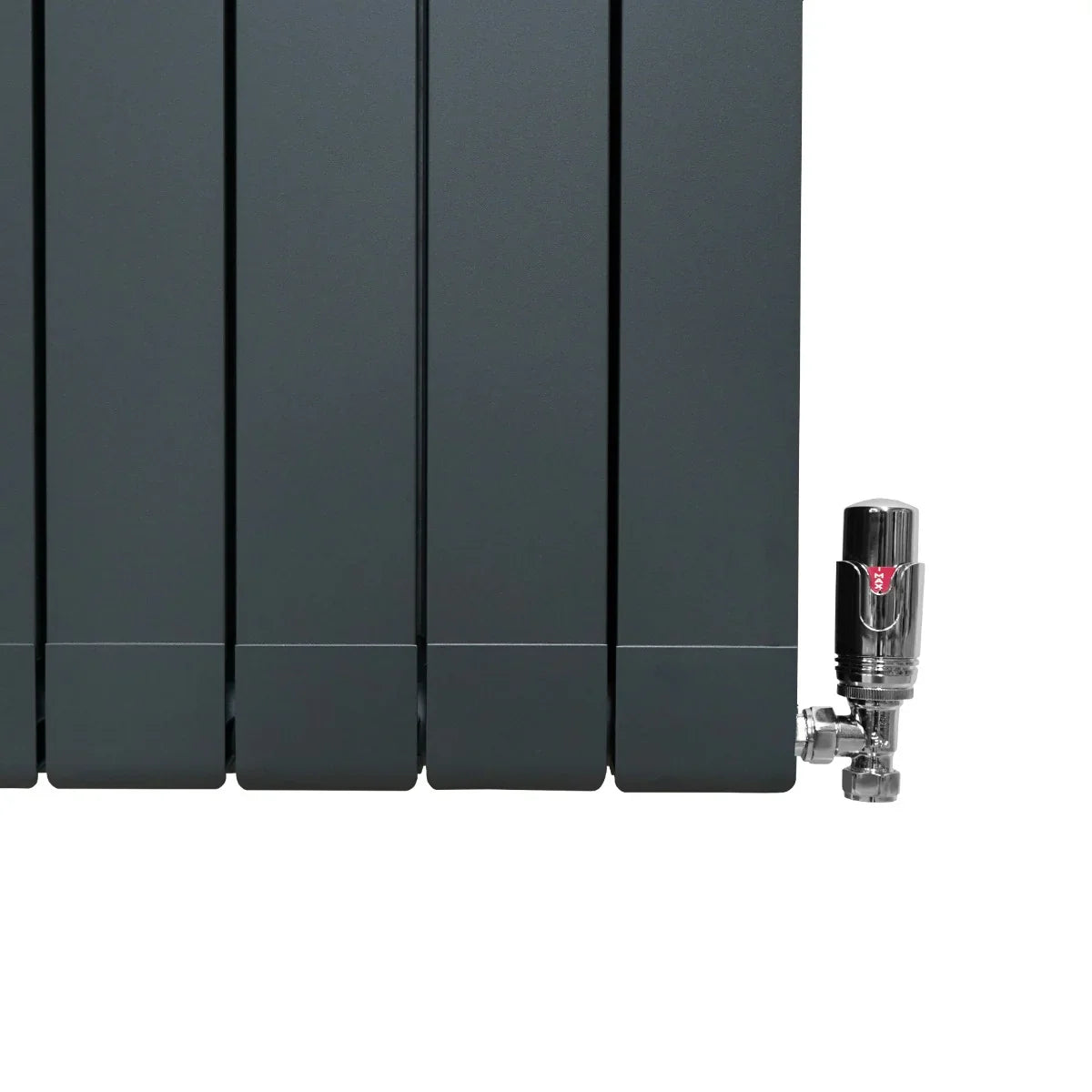 Anthracite grey aluminium radiator with sleek vertical panels and chrome valve, measuring 1800mm x 315mm, ideal for modern interiors