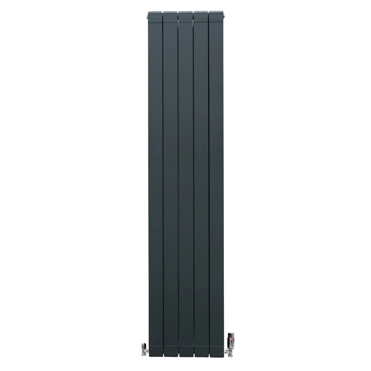 Slim anthracite grey aluminium radiator, 1800mm x 395mm, featuring a sleek vertical design with modern valves at the base