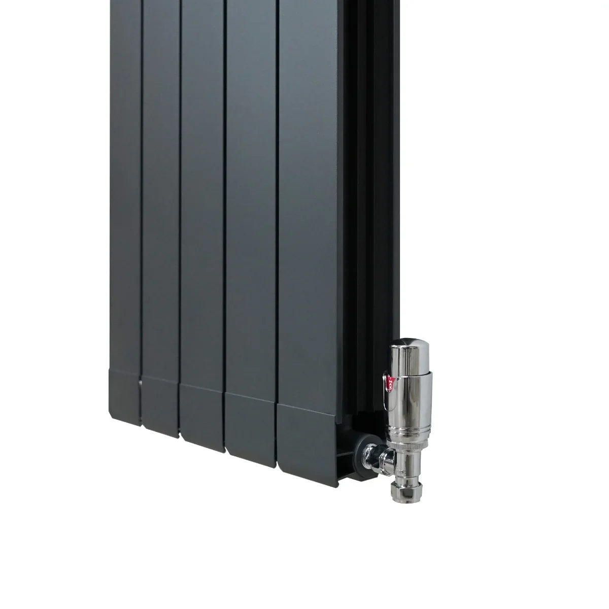 Anthracite grey aluminium radiator measuring 1800mm x 475mm with sleek vertical panels and a polished valve for modern interiors