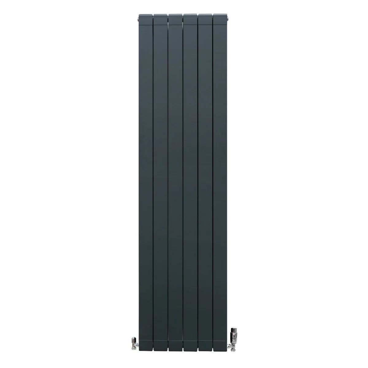 Anthracite grey aluminium radiator, 1800mm x 475mm, featuring a sleek vertical design with smooth, modern lines and polished valves