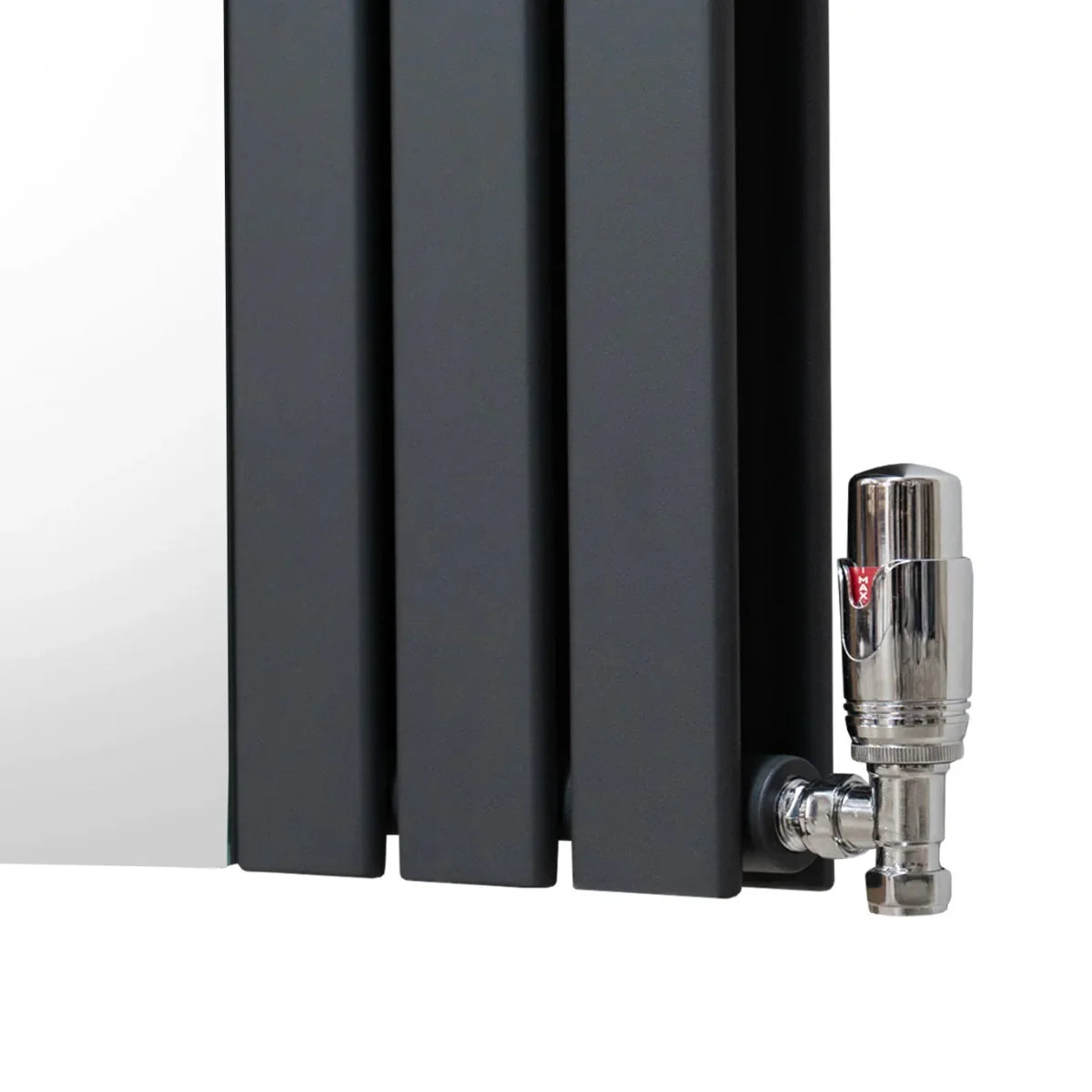 Flat mirror radiator in anthracite grey, 1800mm x 425mm, featuring sleek vertical panels and a chrome valve for modern decor