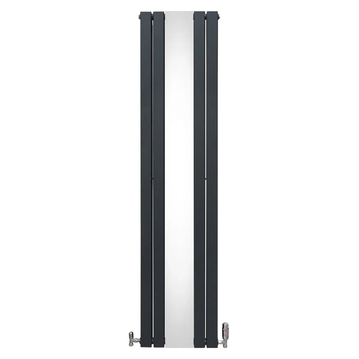 Flat mirror radiator in anthracite grey, 1800mm x 425mm, featuring a sleek, modern design with vertical panels and integrated valves