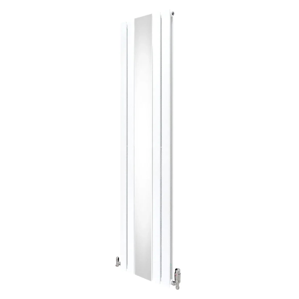 Sleek white flat mirror radiator measuring 1800mm x 425mm, featuring modern design and chrome valves for stylish heating solutions