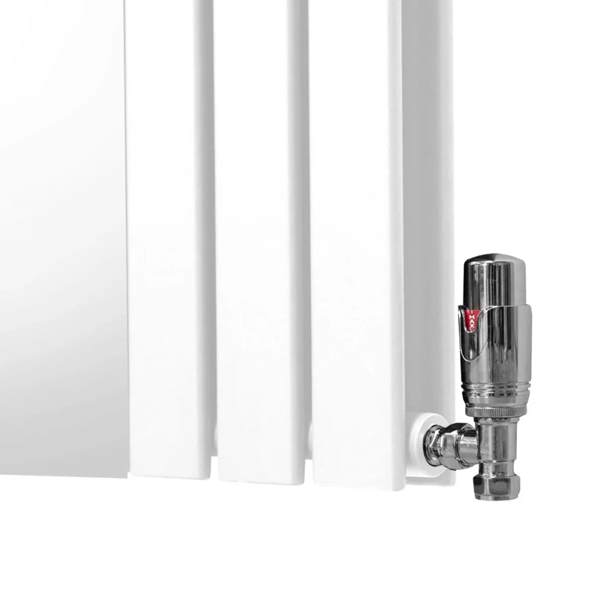 Flat mirror radiator in white, 1800mm x 425mm, featuring sleek vertical panels and a chrome valve for modern heating solutions