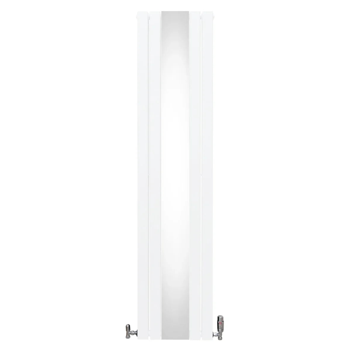 Sleek white flat mirror radiator measuring 1800mm x 425mm, featuring smooth reflective surface and stylish side valves