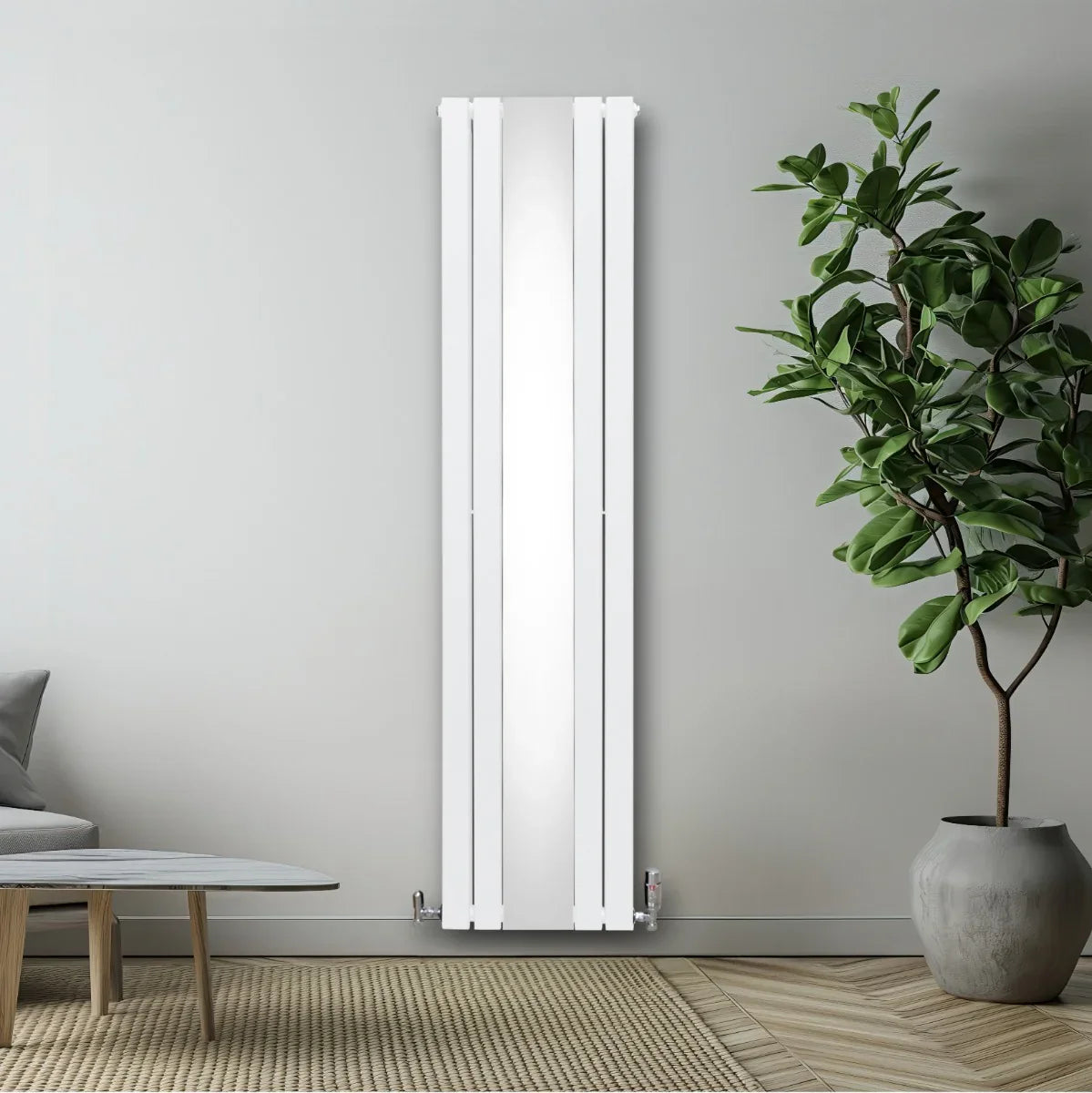 Sleek white flat mirror radiator, 1800mm x 425mm, mounted on a wall, complemented by modern decor and greenery in the room