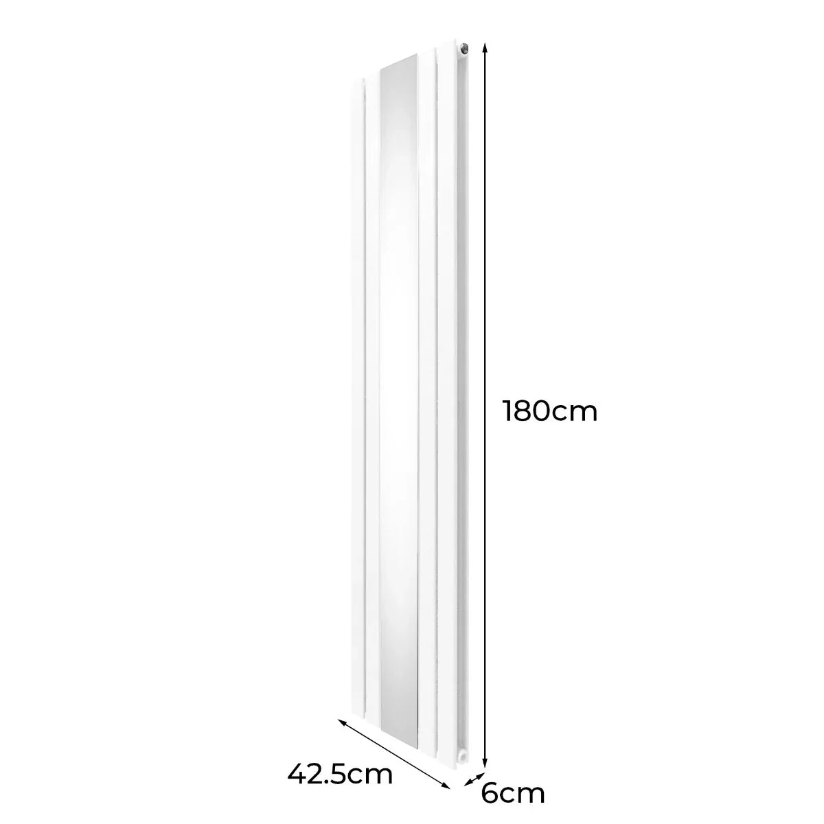 Sleek white flat mirror radiator, measuring 1800mm x 425mm, featuring a smooth surface and modern design, ideal for contemporary spaces