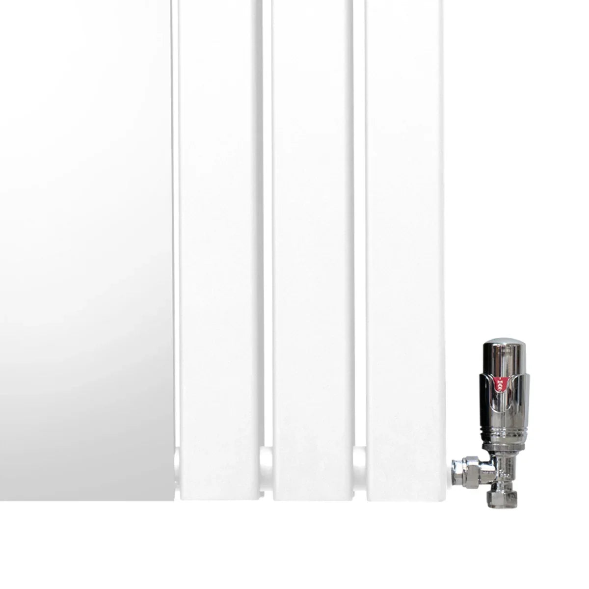 Flat mirror radiator in white, 1800mm x 425mm, featuring sleek vertical panels and a chrome valve for modern heating solutions