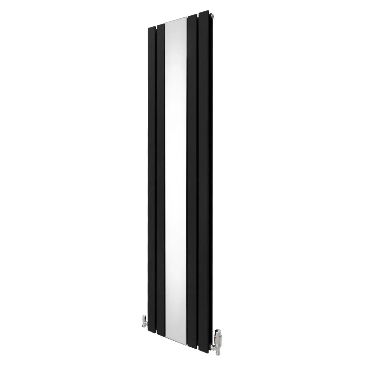 Sleek black flat mirror radiator with a polished surface, measuring 1800mm x 425mm, featuring modern vertical design and chrome valves