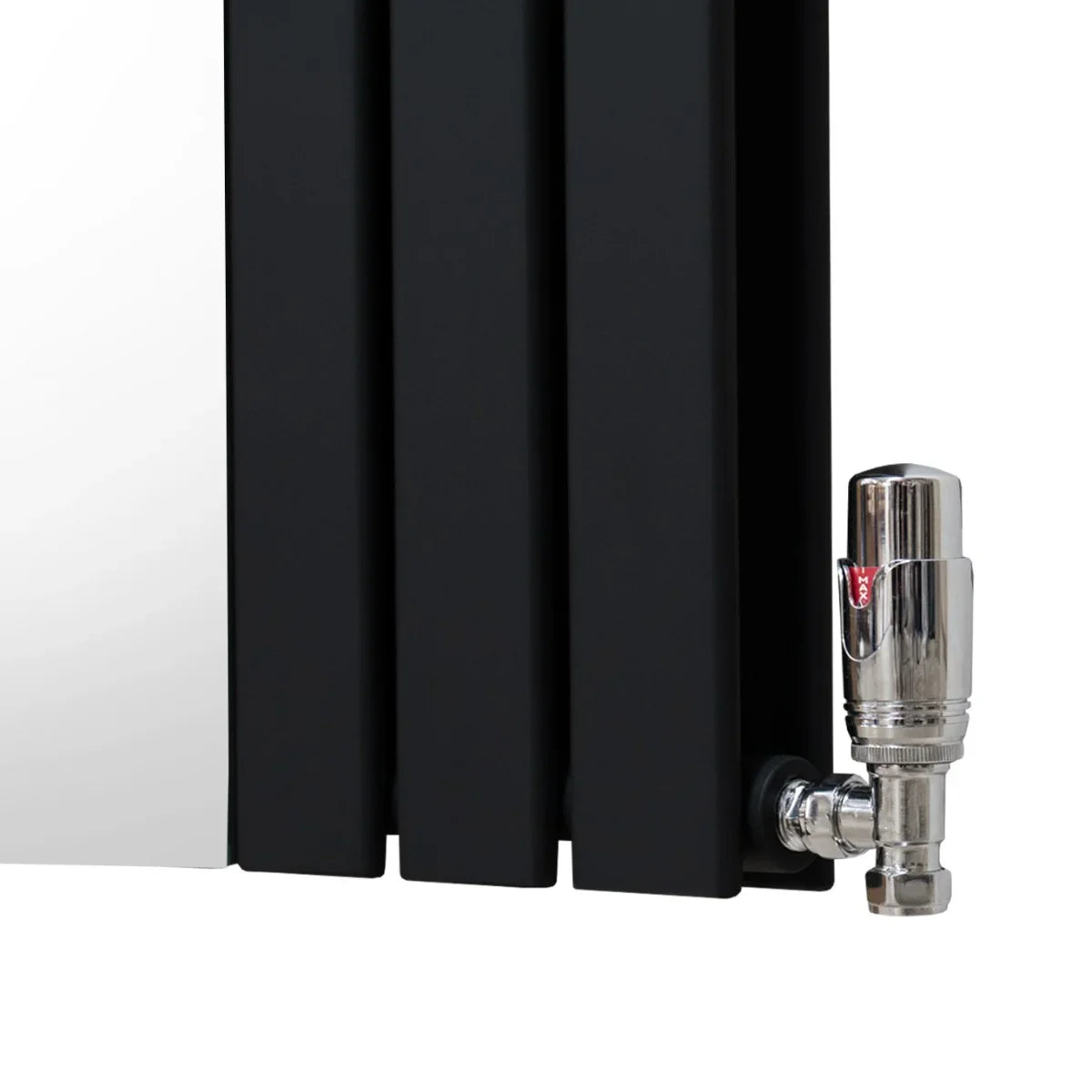 Flat mirror radiator in sleek black finish, 1800mm x 425mm, featuring polished chrome valves and a modern, minimalist design