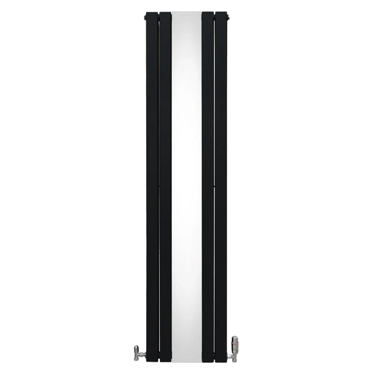 Sleek black flat mirror radiator, 1800mm x 425mm, featuring a modern design with smooth surfaces and stylish valves on the sides