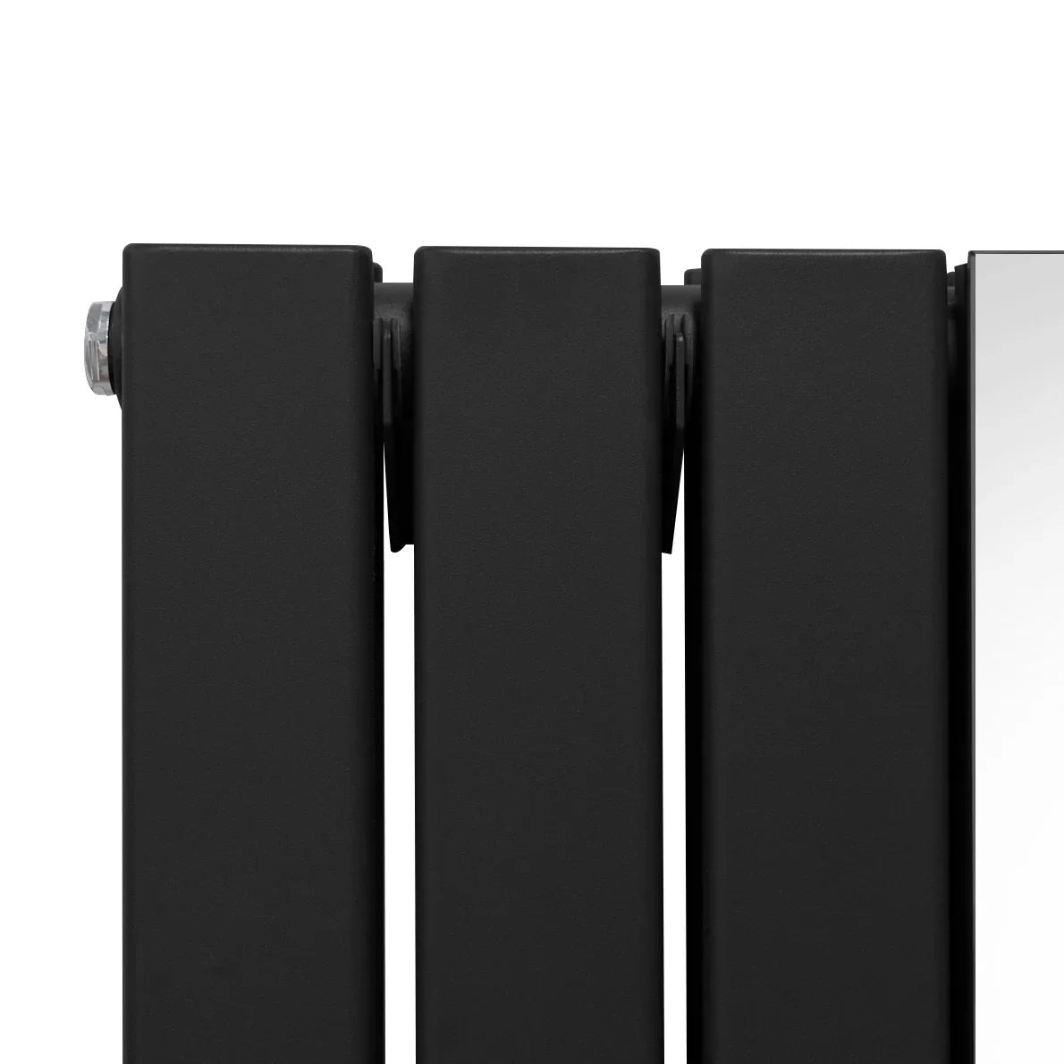 Black flat mirror radiator with sleek, modern design and smooth texture, featuring three vertical panels and integrated valves