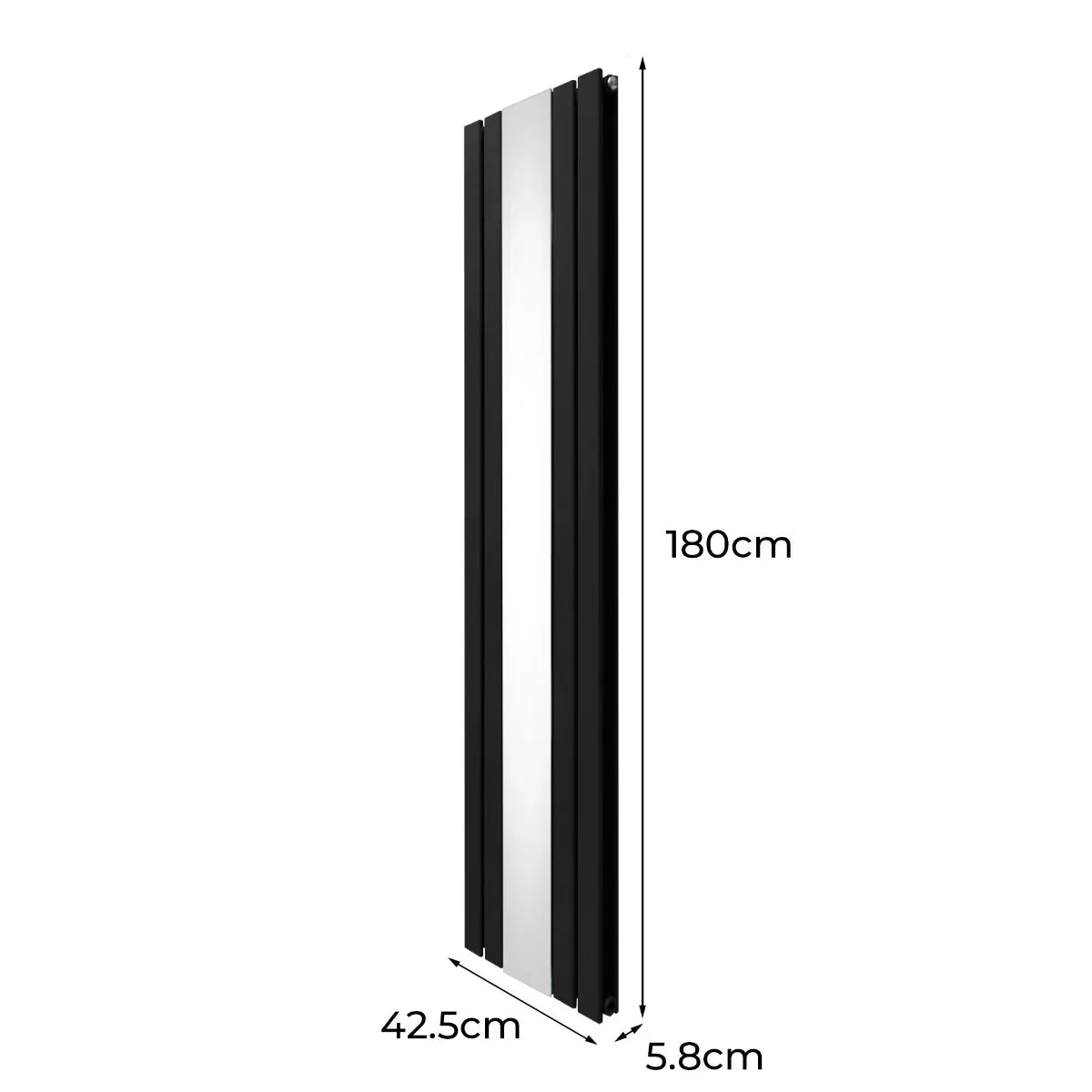 Sleek black flat mirror radiator, 1800mm x 425mm, featuring a modern design with smooth surfaces and clean lines, ideal for contemporary spaces