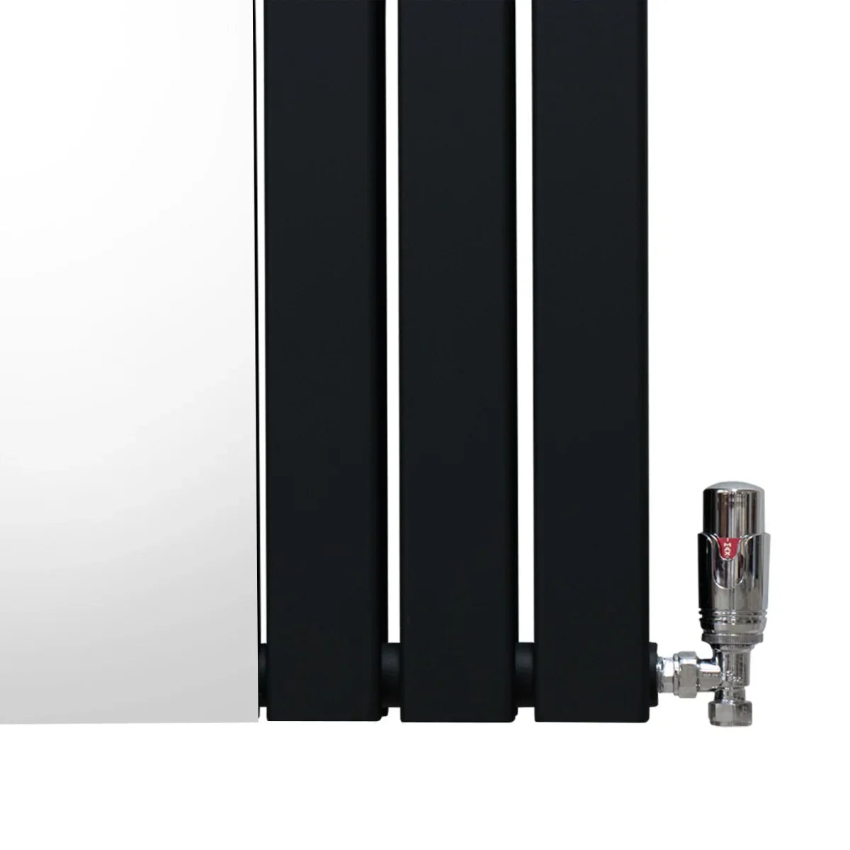 Sleek black flat mirror radiator with three vertical panels and chrome valve, measuring 1800mm x 425mm, ideal for modern spaces