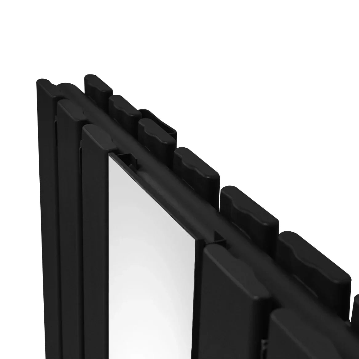Flat mirror radiator in sleek black finish, 1800mm x 425mm, showcasing smooth edges and modern design for stylish heating solutions