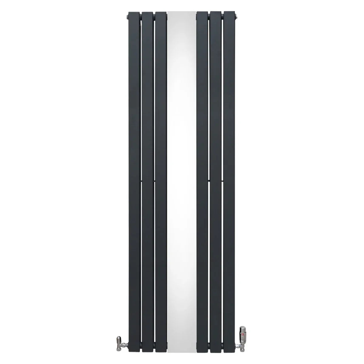 Flat mirror radiator in anthracite grey, 1800mm x 565mm, featuring sleek vertical lines and modern valve design