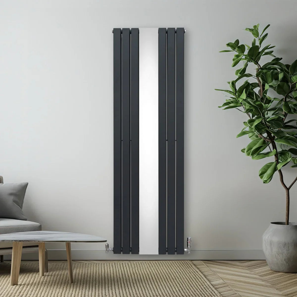 Flat mirror radiator in anthracite grey, 1800mm x 565mm, featuring sleek vertical lines and modern design, complemented by a cozy interior setting