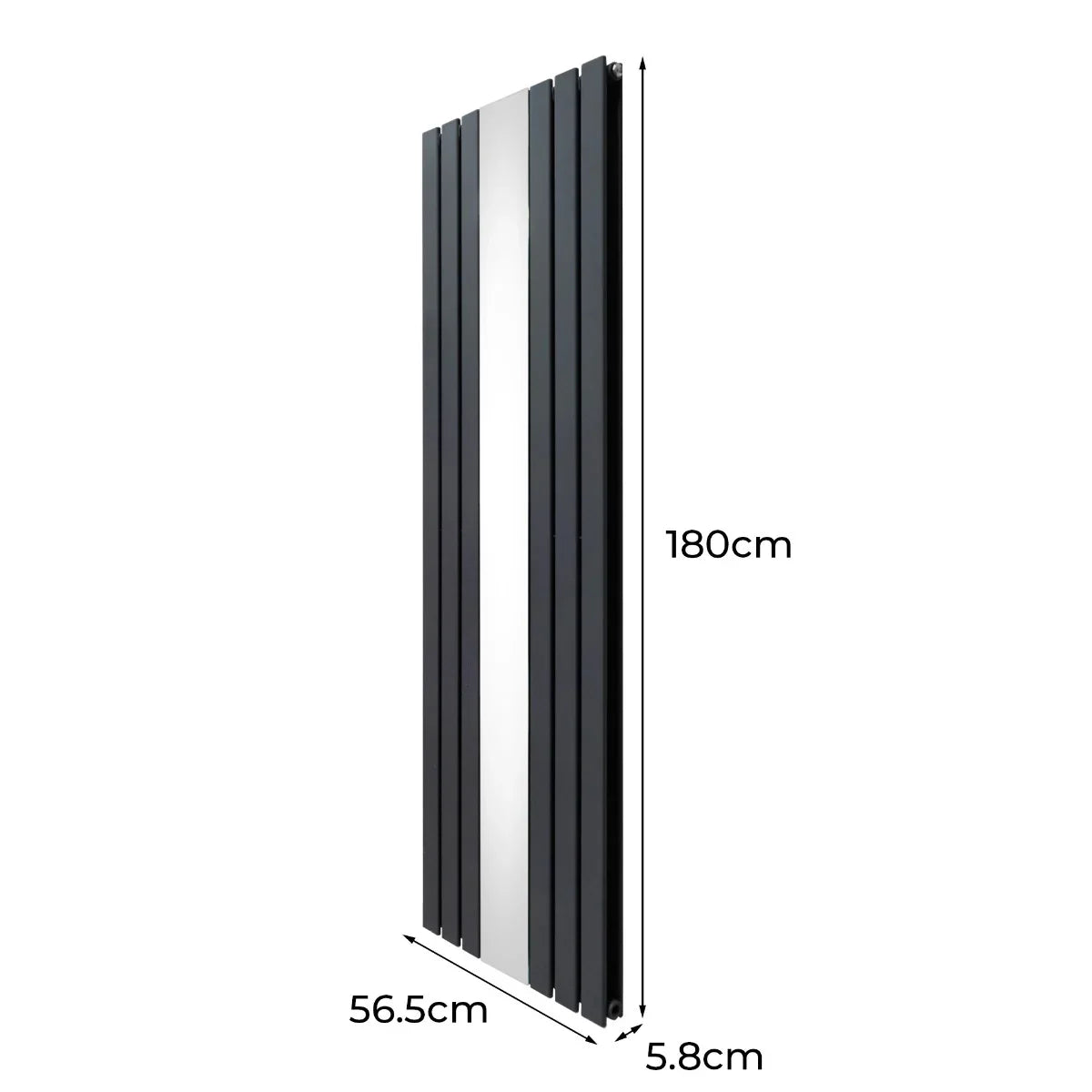 Flat mirror radiator in anthracite grey, 1800mm x 565mm, featuring sleek vertical lines and a modern design for stylish heating