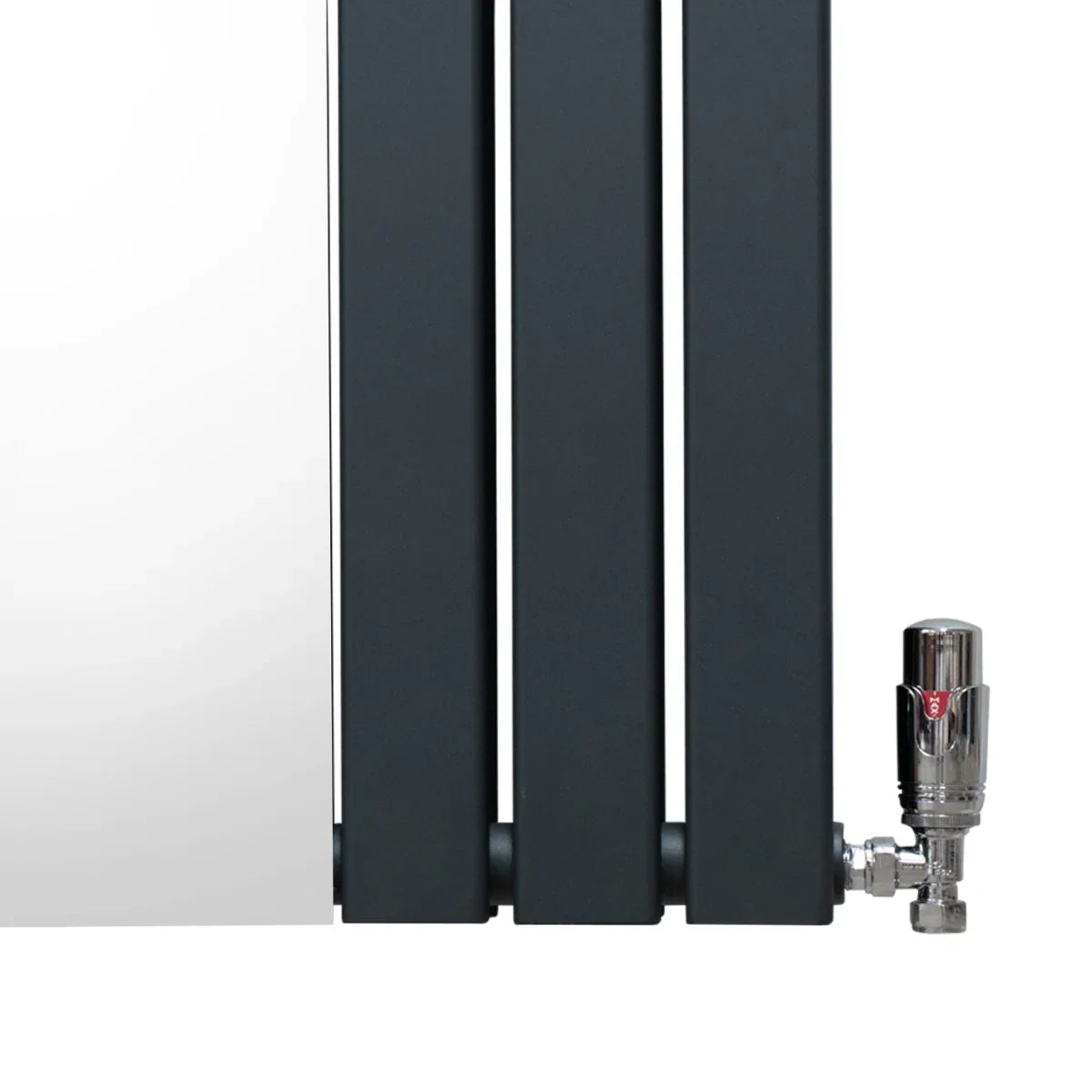 Flat mirror radiator in anthracite grey, 1800mm x 565mm, featuring sleek vertical panels and a valve for easy temperature control
