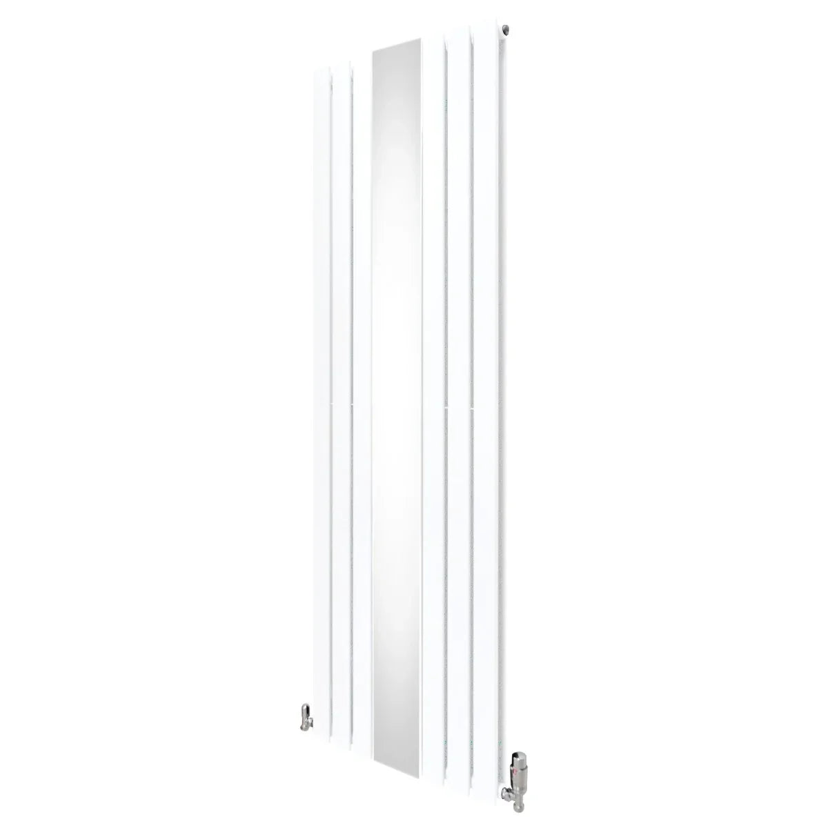 Flat mirror radiator in sleek white, measuring 1800mm x 565mm, featuring a modern design with vertical lines and chrome valves